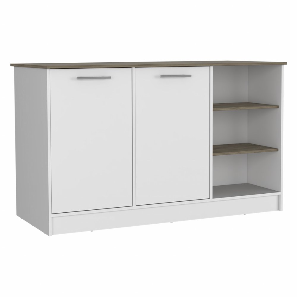 White and brown kitchen island with two doors and three open shelves, shown against a white background.