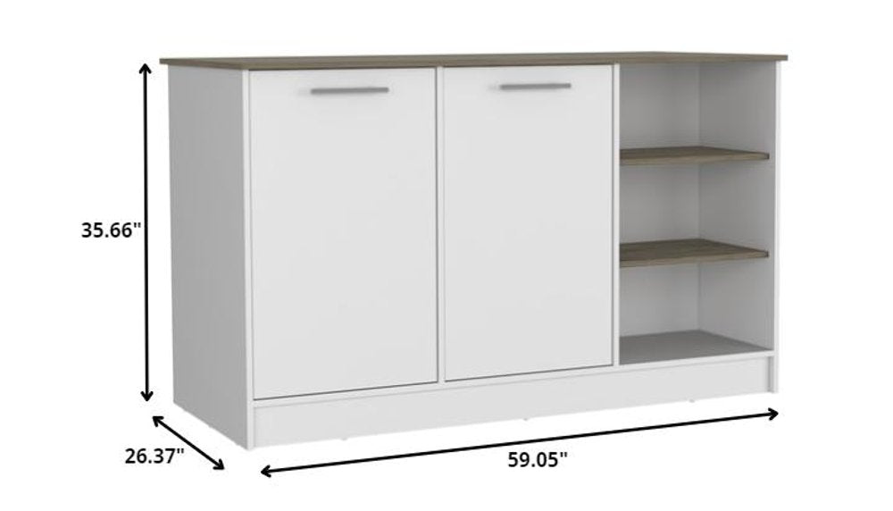 White and Brown 59" Kitchen Island With Storage - 35.66" H x 59.05" W x 26.37" D