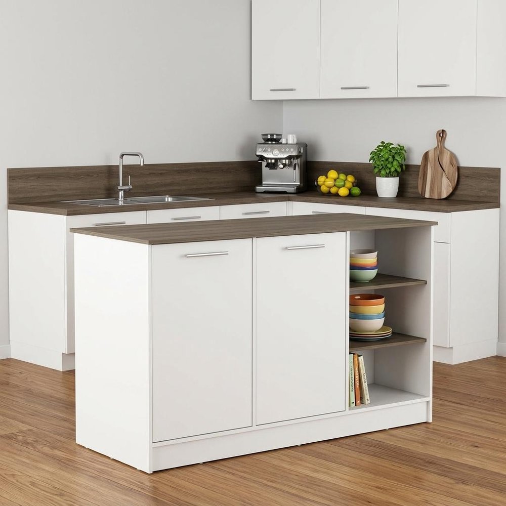 White and Brown 59" Kitchen Island With Storage - 35.66" H x 59.05" W x 26.37" D