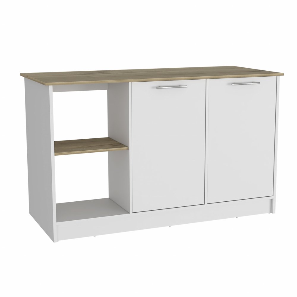 White and brown kitchen island with two doors and open shelving, against a white background.