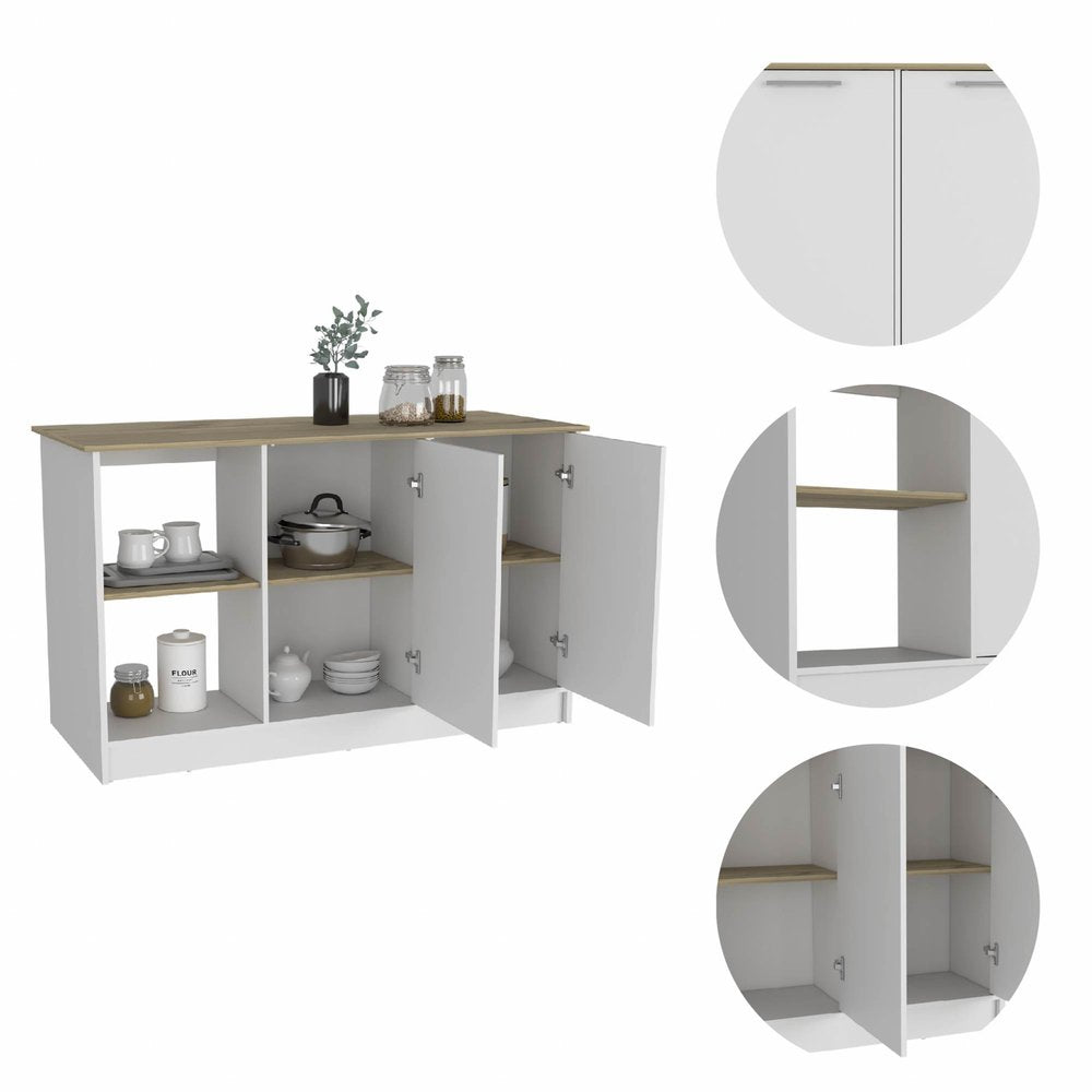 White and Brown 59" Kitchen Island With Storage - 35.43" H x 59" W x 25.19" D