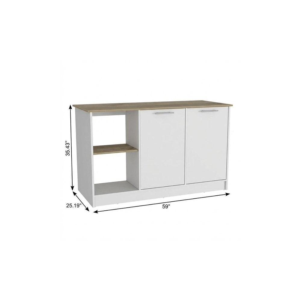 White and Brown 59" Kitchen Island With Storage - 35.43" H x 59" W x 25.19" D