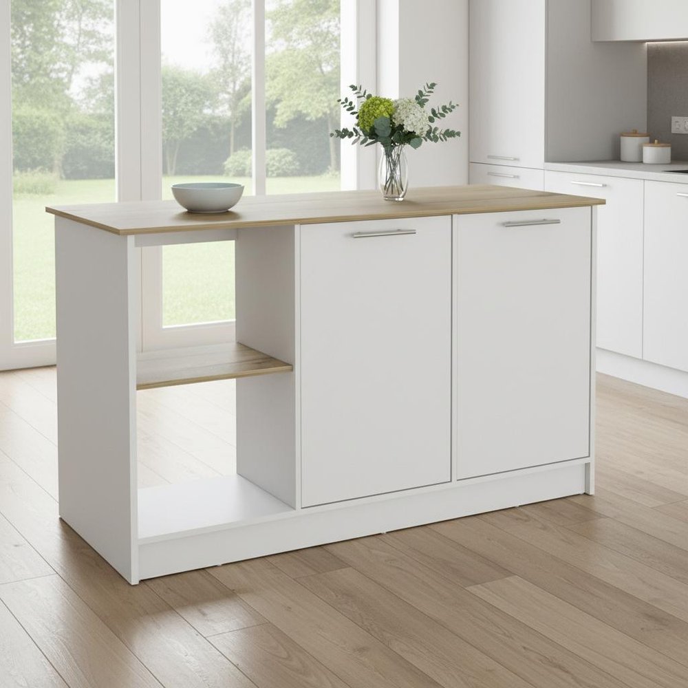 White and Brown 59" Kitchen Island With Storage - 35.43" H x 59" W x 25.19" D