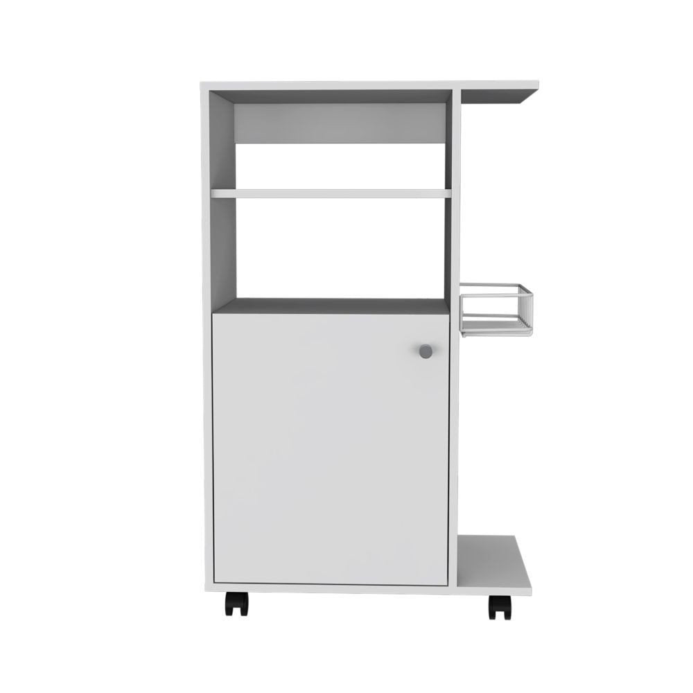 24" White Wood Flat Door Rolling Kitchen Cart With Storage on a white background