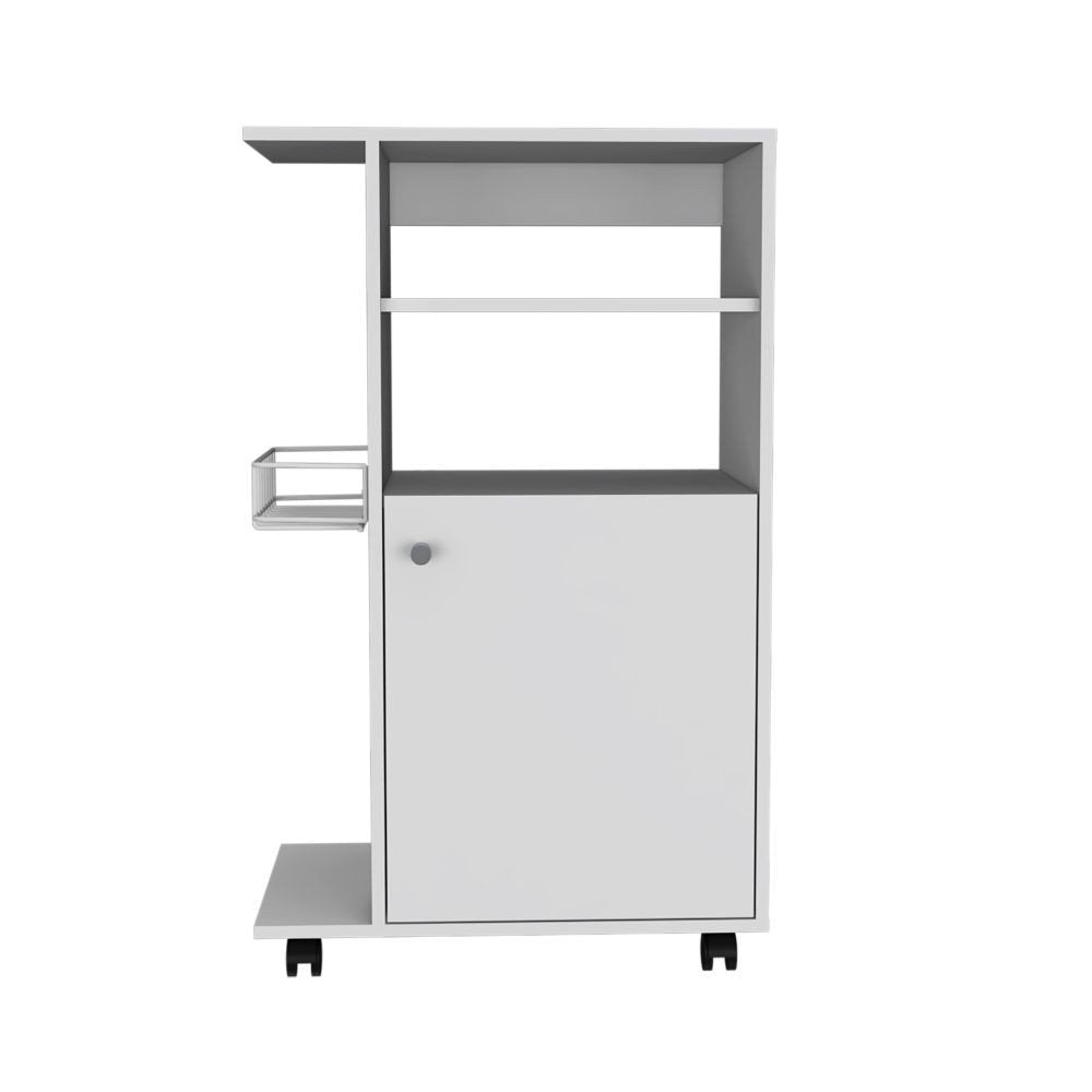 White rolling kitchen cart with storage, featuring shelves, a cabinet, and a basket, on a white background.