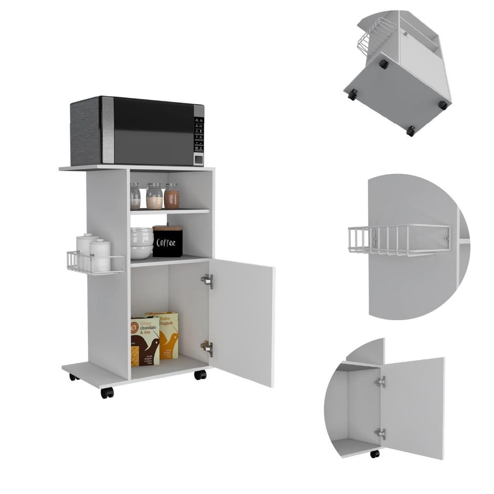 24" White Wood Flat Door Rolling Kitchen Cart With Storage on a white background