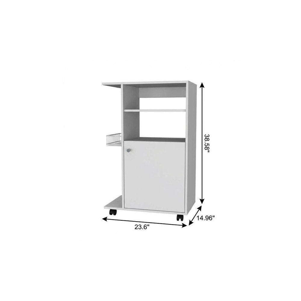 24" White Wood Flat Door Rolling Kitchen Cart With Storage on a white background