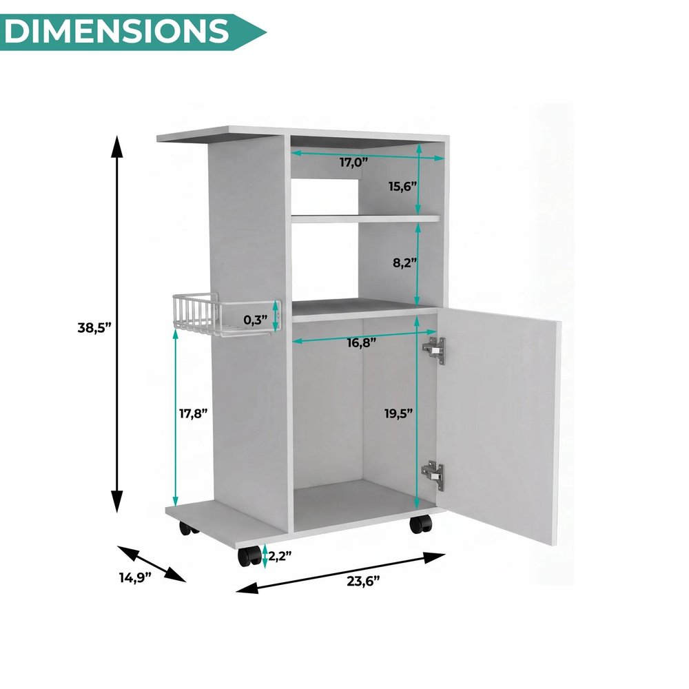 24" White Wood Flat Door Rolling Kitchen Cart With Storage on a white background