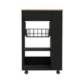 22" Natural And Black Wood Rolling Kitchen Cart With Storage on a white background