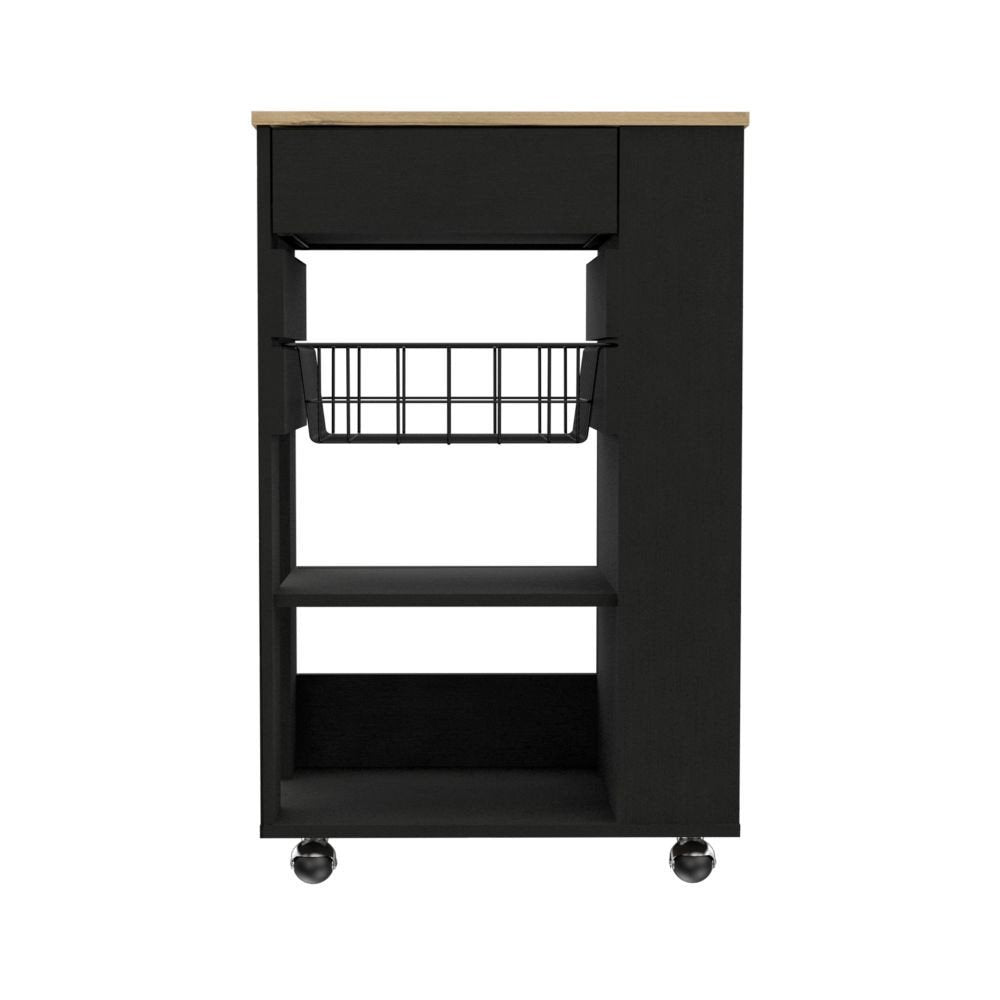 Black and natural wood rolling kitchen cart with a wire basket and shelves, set against a white background.