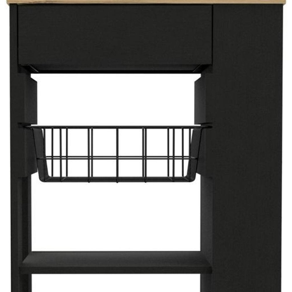 22" Natural And Black Wood Rolling Kitchen Cart With Storage on a white background