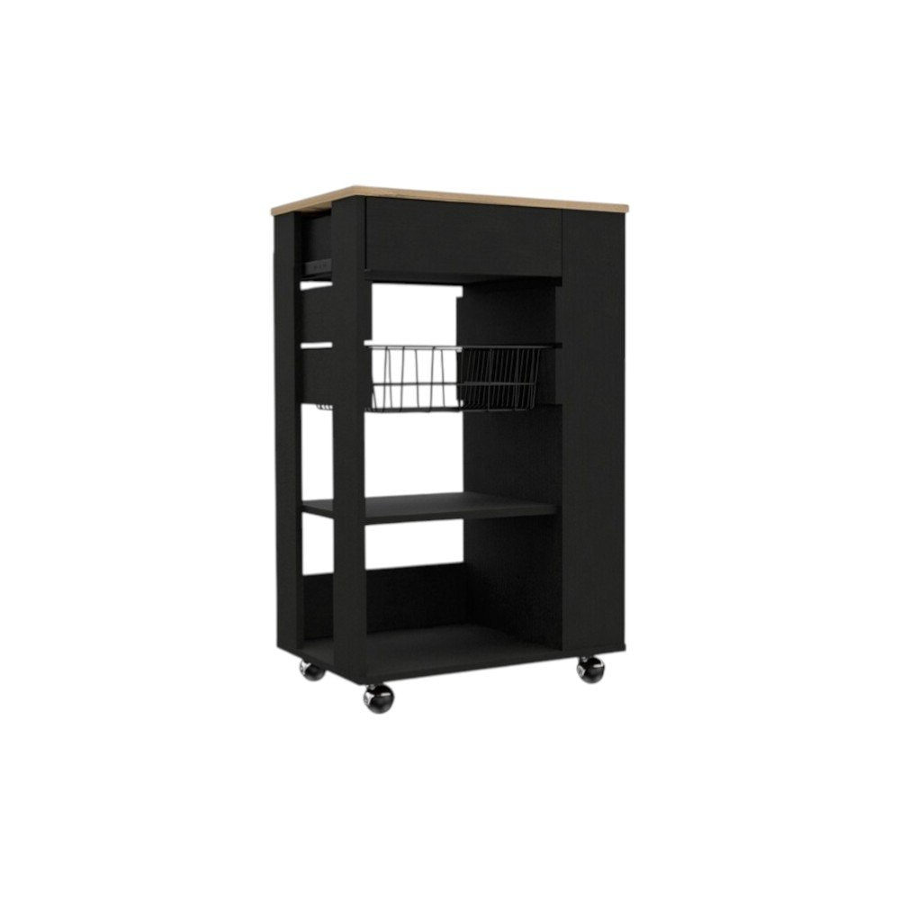22" Natural And Black Wood Rolling Kitchen Cart With Storage on a white background