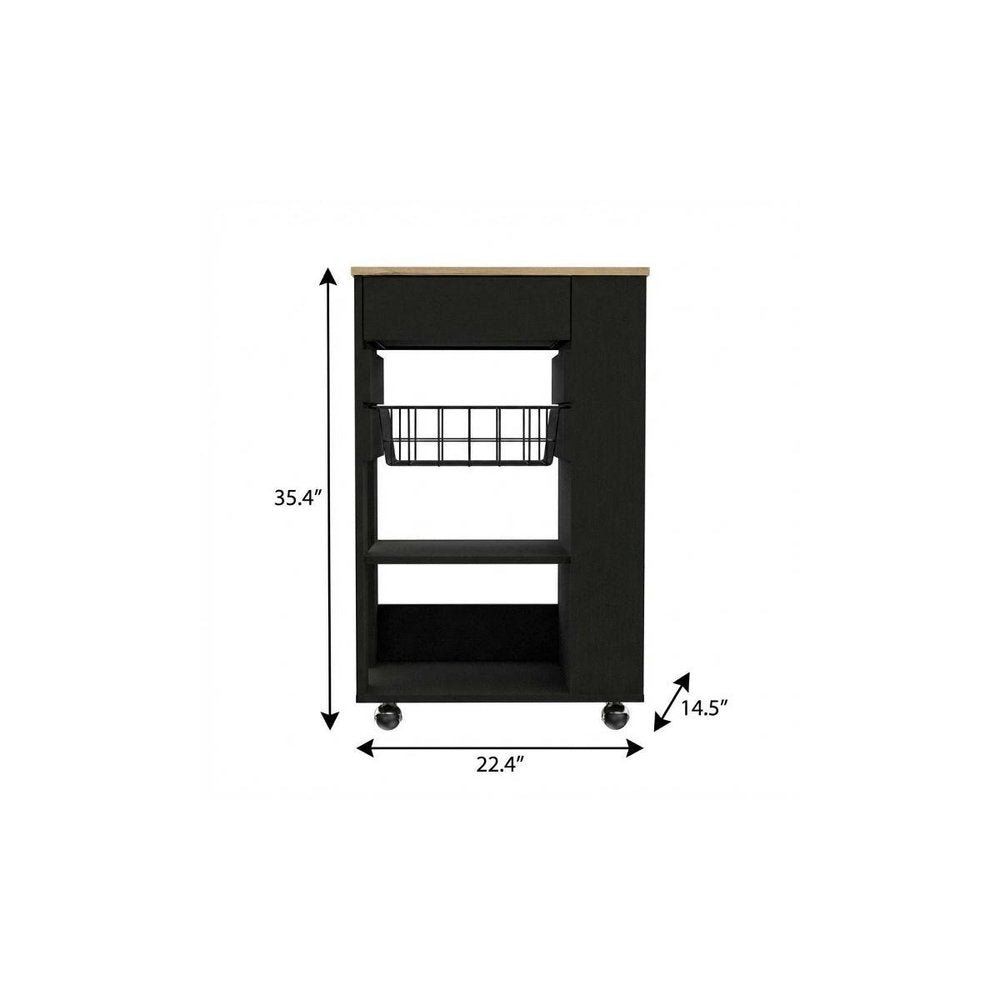 22" Natural And Black Wood Rolling Kitchen Cart With Storage on a white background