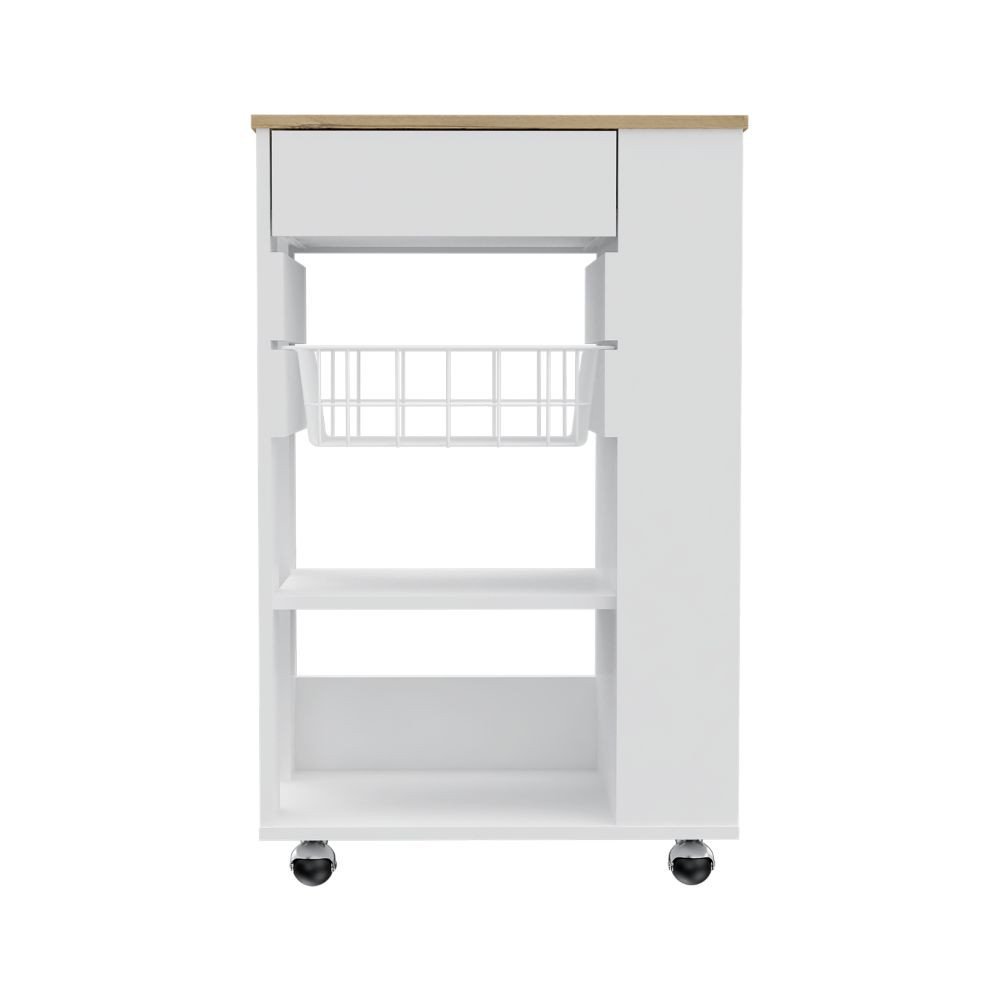 White and brown rolling kitchen cart with a drawer, wire basket, and shelves on a white background.
