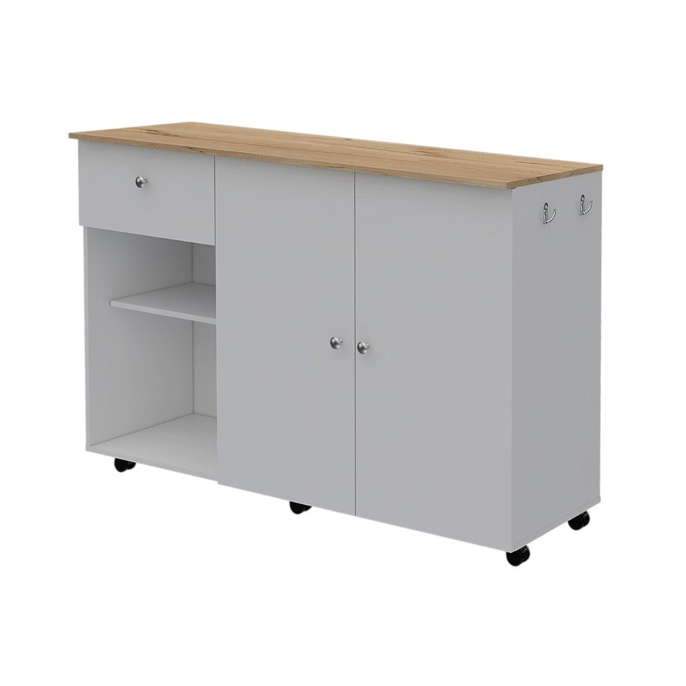 54" Natural and White Wood Flat Door Rolling Kitchen Island With Storage. Kitchen cart isolated on a plain white background, finished in tan wood.