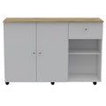 54" Natural and White Wood Flat Door Rolling Kitchen Island With Storage. Kitchen cart isolated on a plain white background, finished in tan wood.