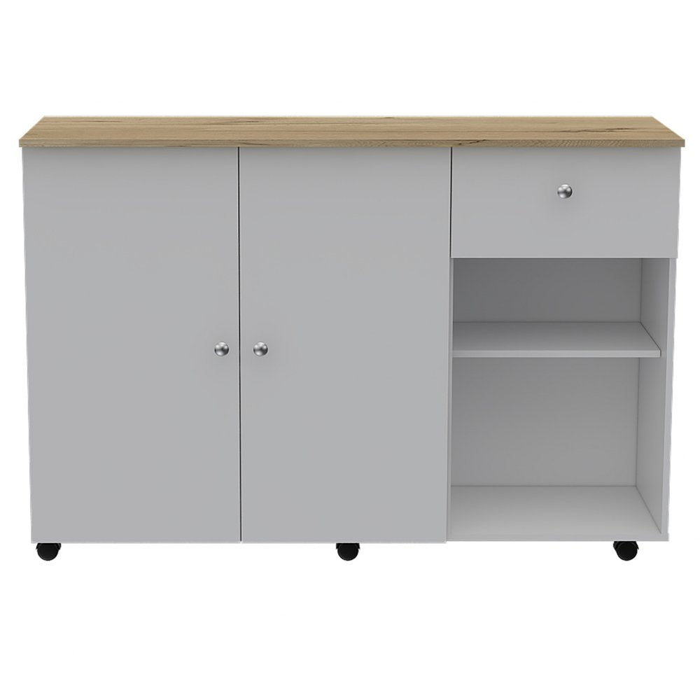 54" Natural and White Wood Flat Door Rolling Kitchen Island With Storage. Kitchen cart isolated on a plain white background, finished in tan wood.