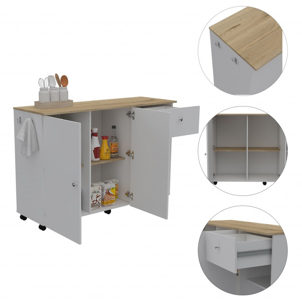 54" Natural and White Wood Flat Door Rolling Kitchen Island With Storage. Kitchen cart isolated on a plain white background, showing a tan wood surface.