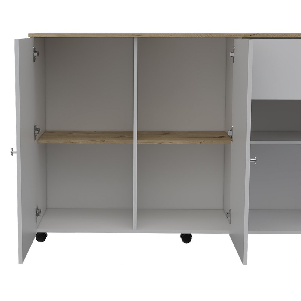 54" Natural and White Wood Flat Door Rolling Kitchen Island With Storage. Kitchen cart isolated on a plain white background, showing a wood surface.