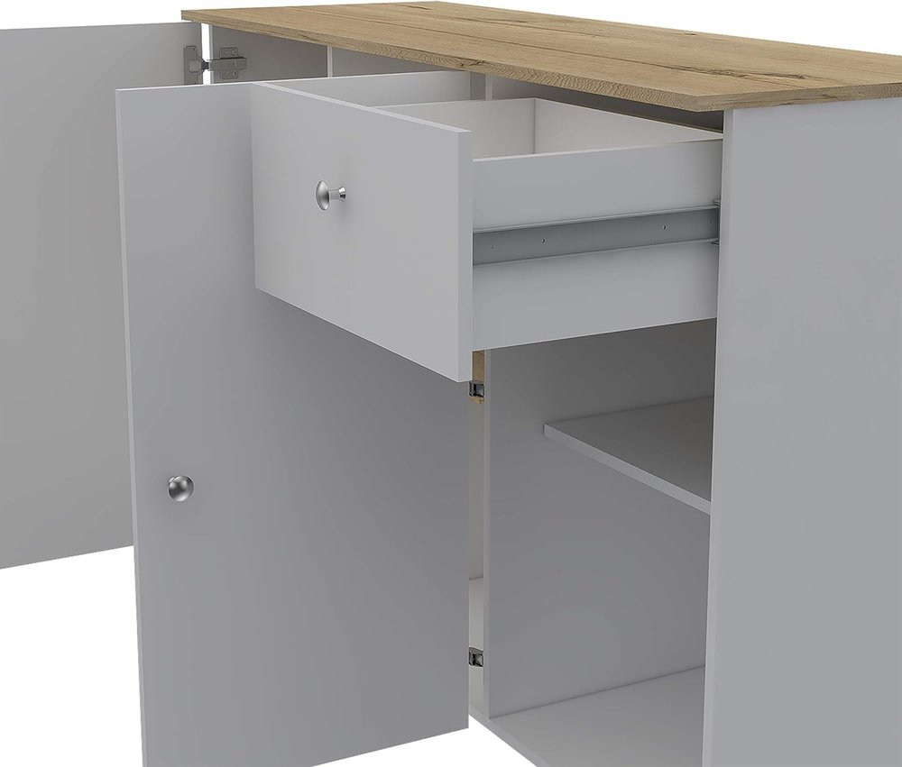 Detail view of 54" Natural and White Wood Flat Door Rolling Kitchen Island With Storage, filling the frame with the tan wood texture.