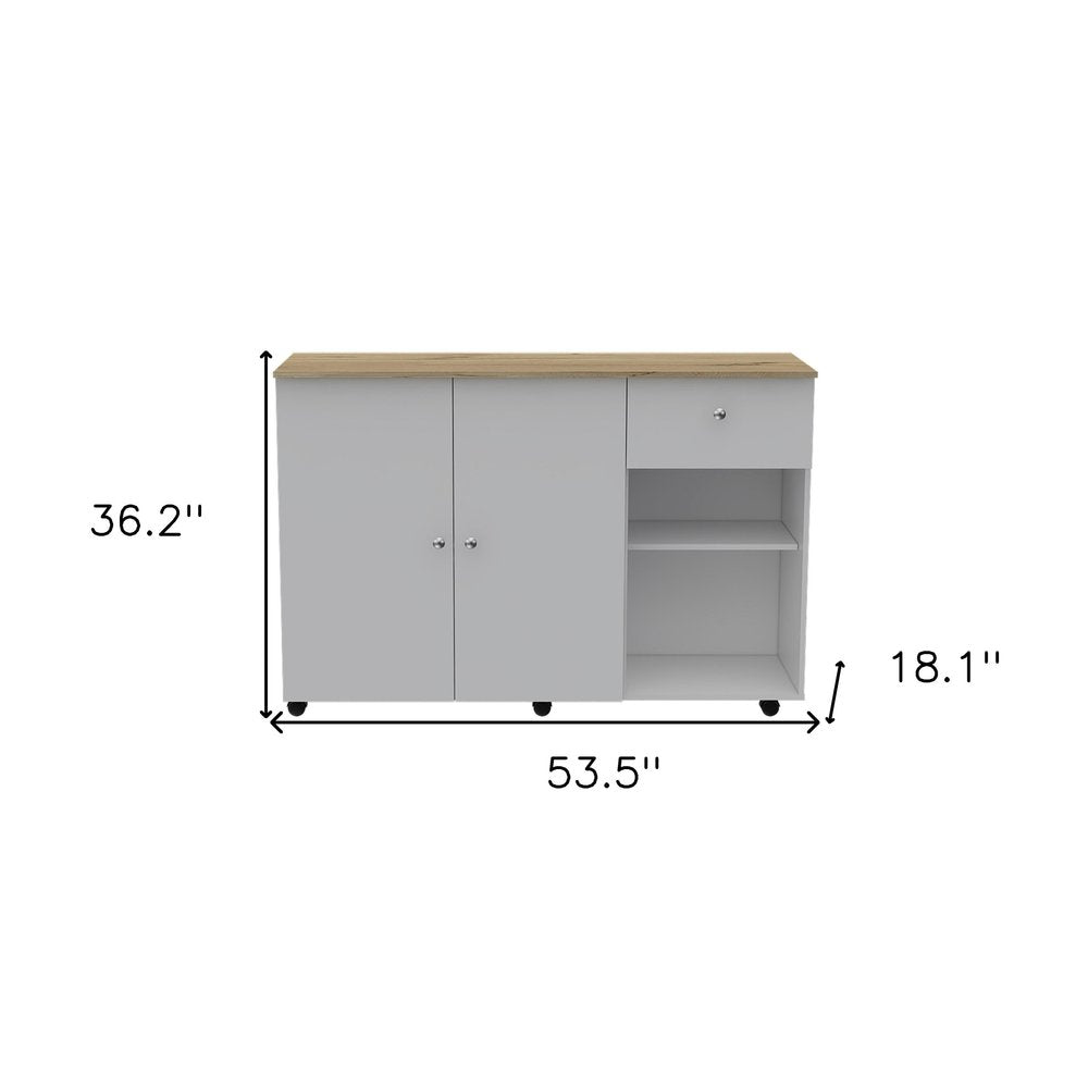 54" Natural and White Wood Flat Door Rolling Kitchen Island With Storage. Kitchen cart isolated on a plain white background, in a white wood finish.