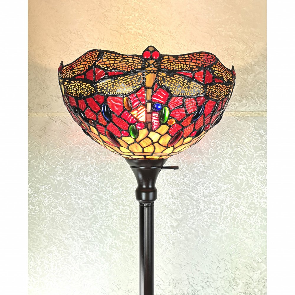 69" Black And Red Torchiere Floor Lamp With Red Dragonfly Glass Dome Shade. Floor lamp isolated on a plain white background, finished in red glass.
