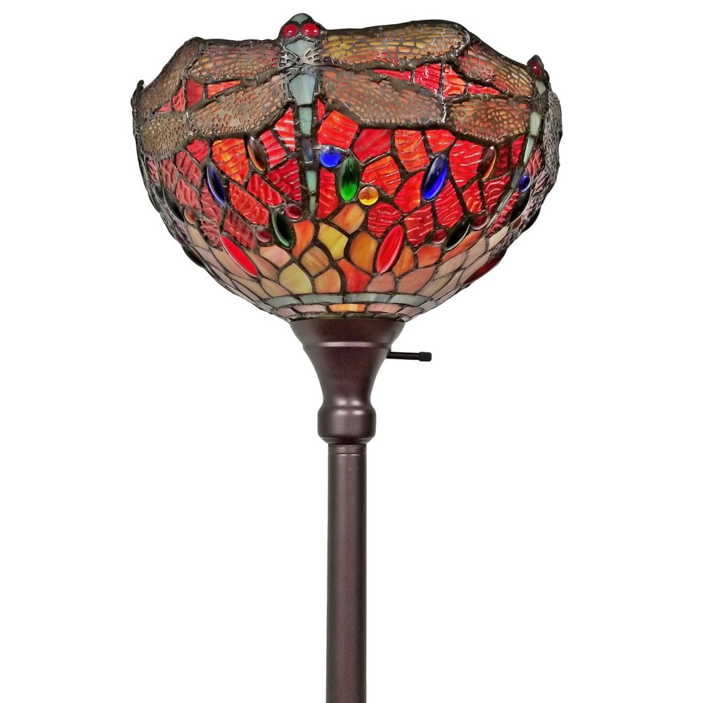69" Black And Red Torchiere Floor Lamp With Red Dragonfly Glass Dome Shade. Floor lamp isolated on a plain white background, showing a black glass surface.