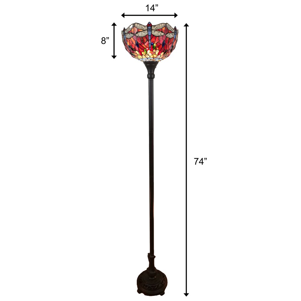 69" Black And Red Torchiere Floor Lamp With Red Dragonfly Glass Dome Shade. Floor lamp isolated on a plain white background, in a black glass finish.