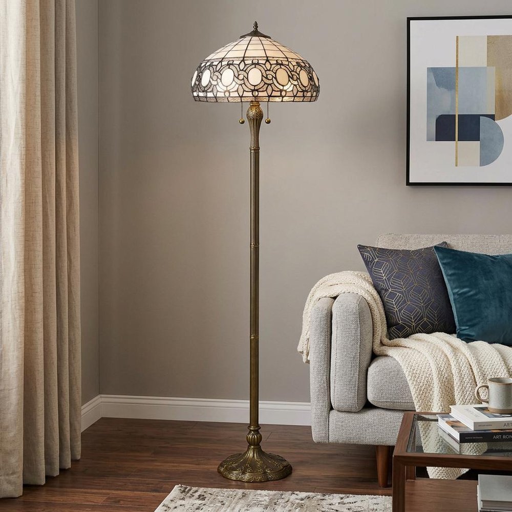 63" Brown Two Light Traditional Shaped Floor Lamp With White Stained Glass Bowl Shade