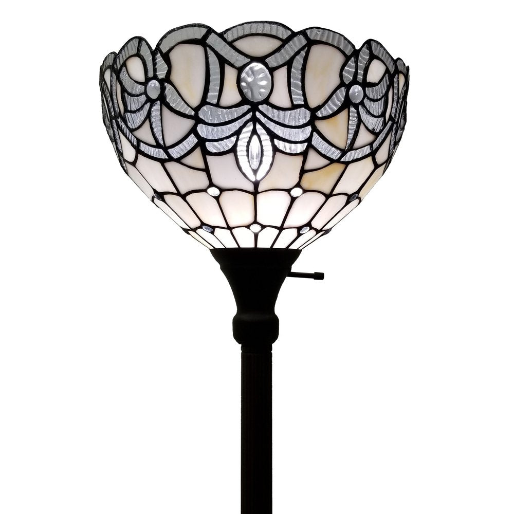72" Brown And White Torchiere Floor Lamp With White Flowers Glass Dome Shade on a white background
