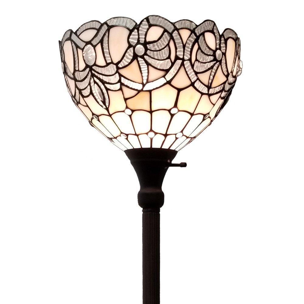 72" Brown And White Torchiere Floor Lamp With White Flowers Glass Dome Shade on a white background