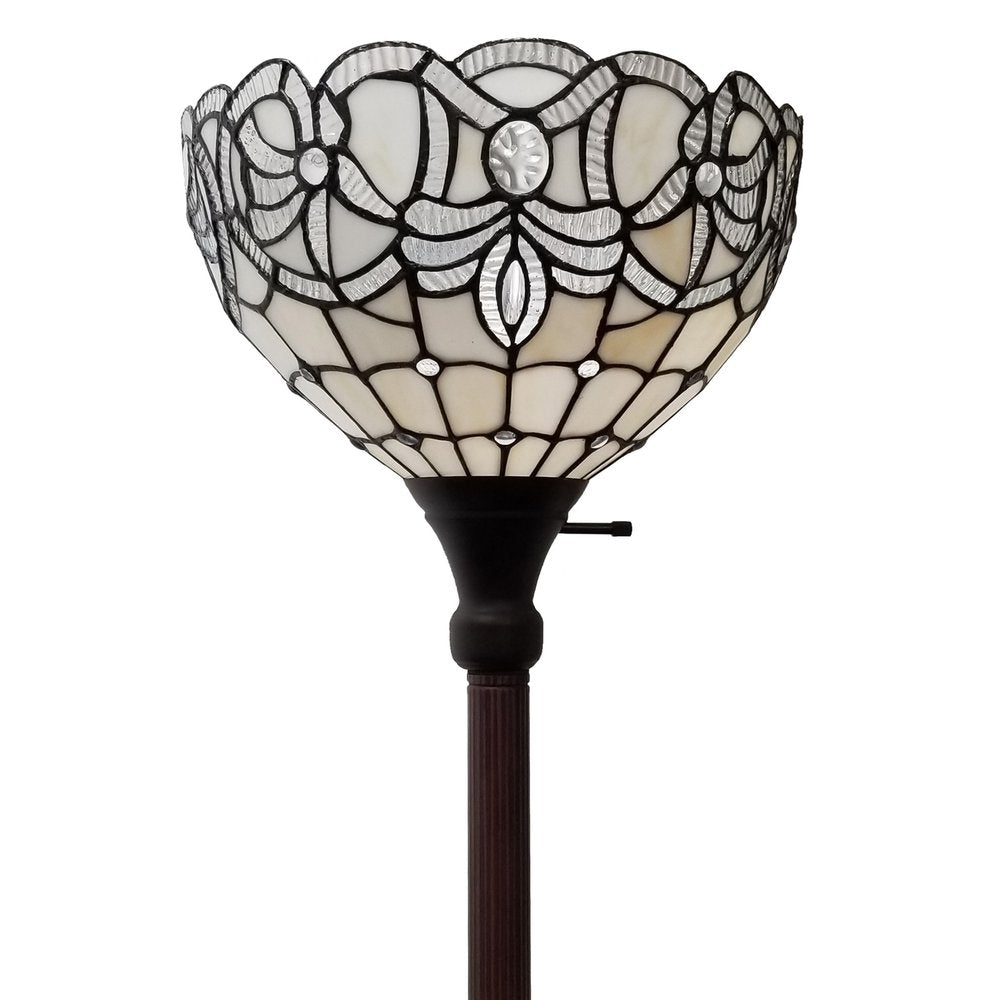 72" Brown And White Torchiere Floor Lamp With White Flowers Glass Dome Shade on a white background