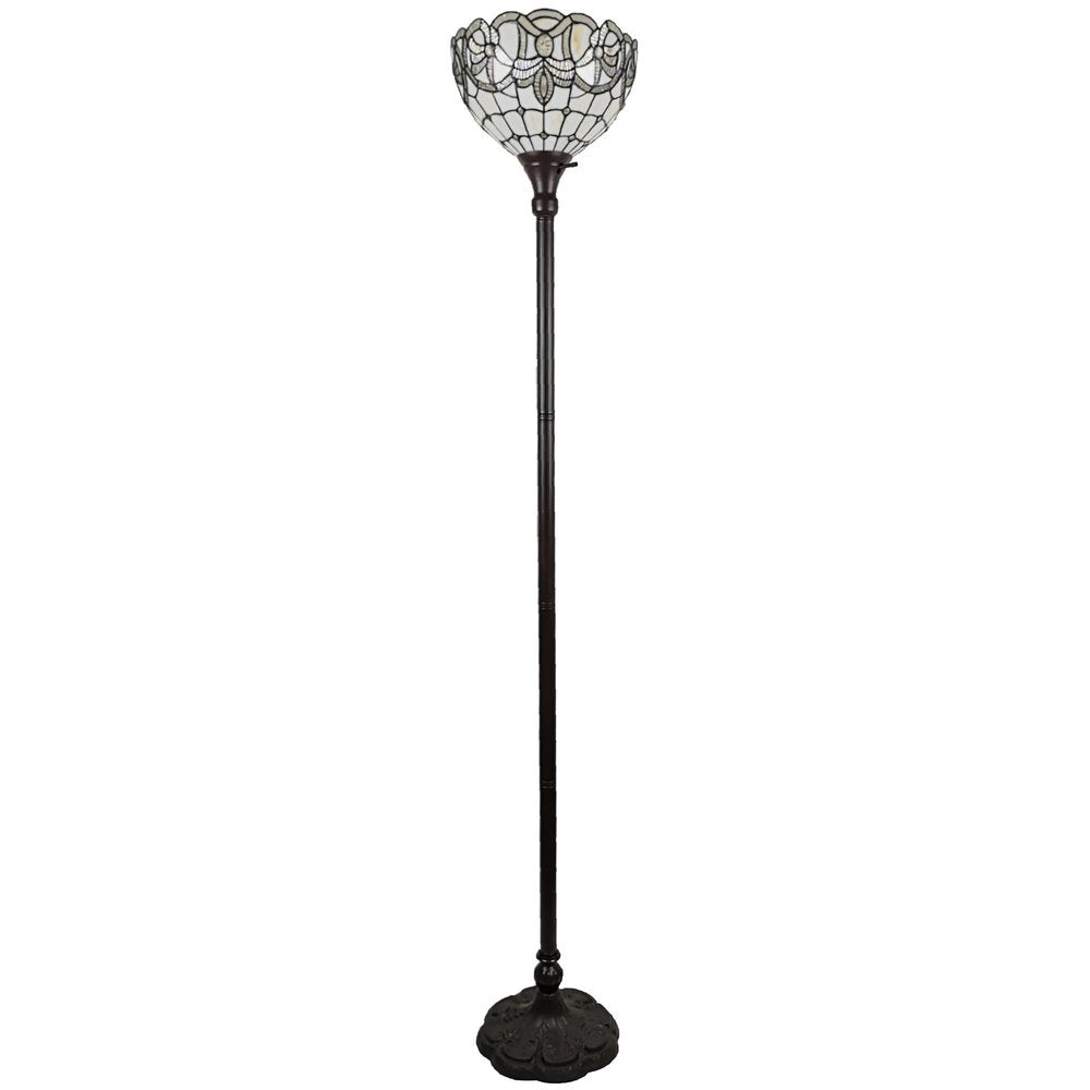 72" Brown And White Torchiere Floor Lamp With White Flowers Glass Dome Shade on a white background