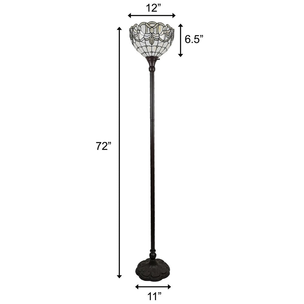 72" Brown And White Torchiere Floor Lamp With White Flowers Glass Dome Shade on a white background