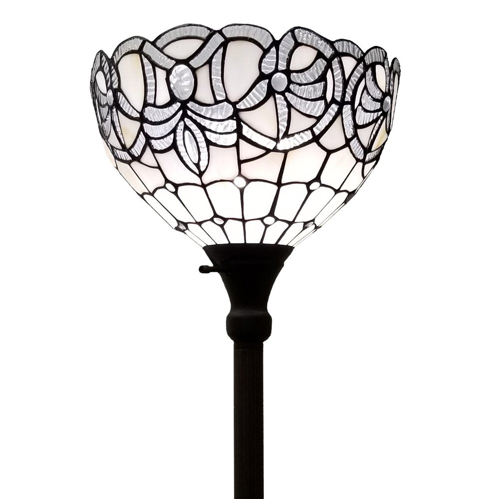 72" Brown And White Torchiere Floor Lamp With White Flowers Glass Dome Shade on a white background