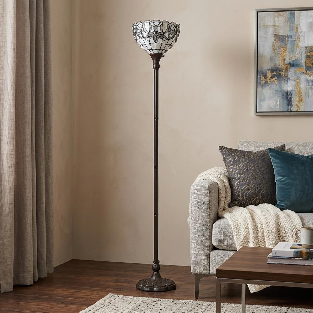 72" Brown And White Torchiere Floor Lamp With White Flowers Glass Dome Shade in a home interior