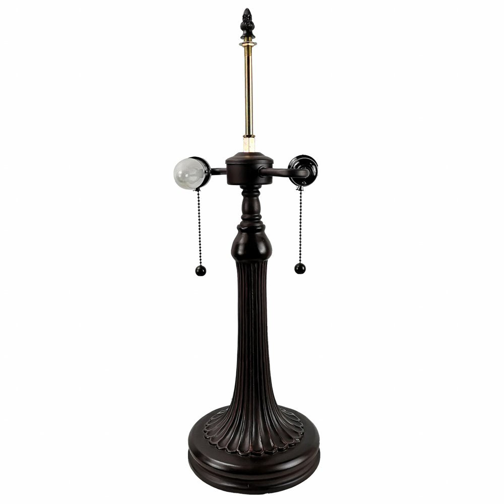 24" Dark Brown Metal Two Light Candlestick Table Lamp With Orange Shade. Table lamp isolated on a plain white background, finished in dark brown metal.