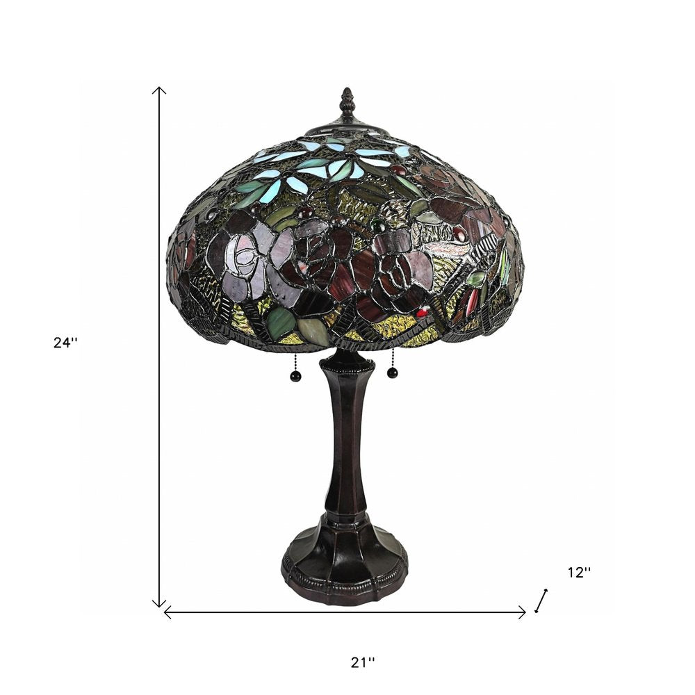 24" Dark Brown Metal Two Light Candlestick Table Lamp With Red Dome Shade. Table lamp isolated on a plain white background, finished in dark brown metal.