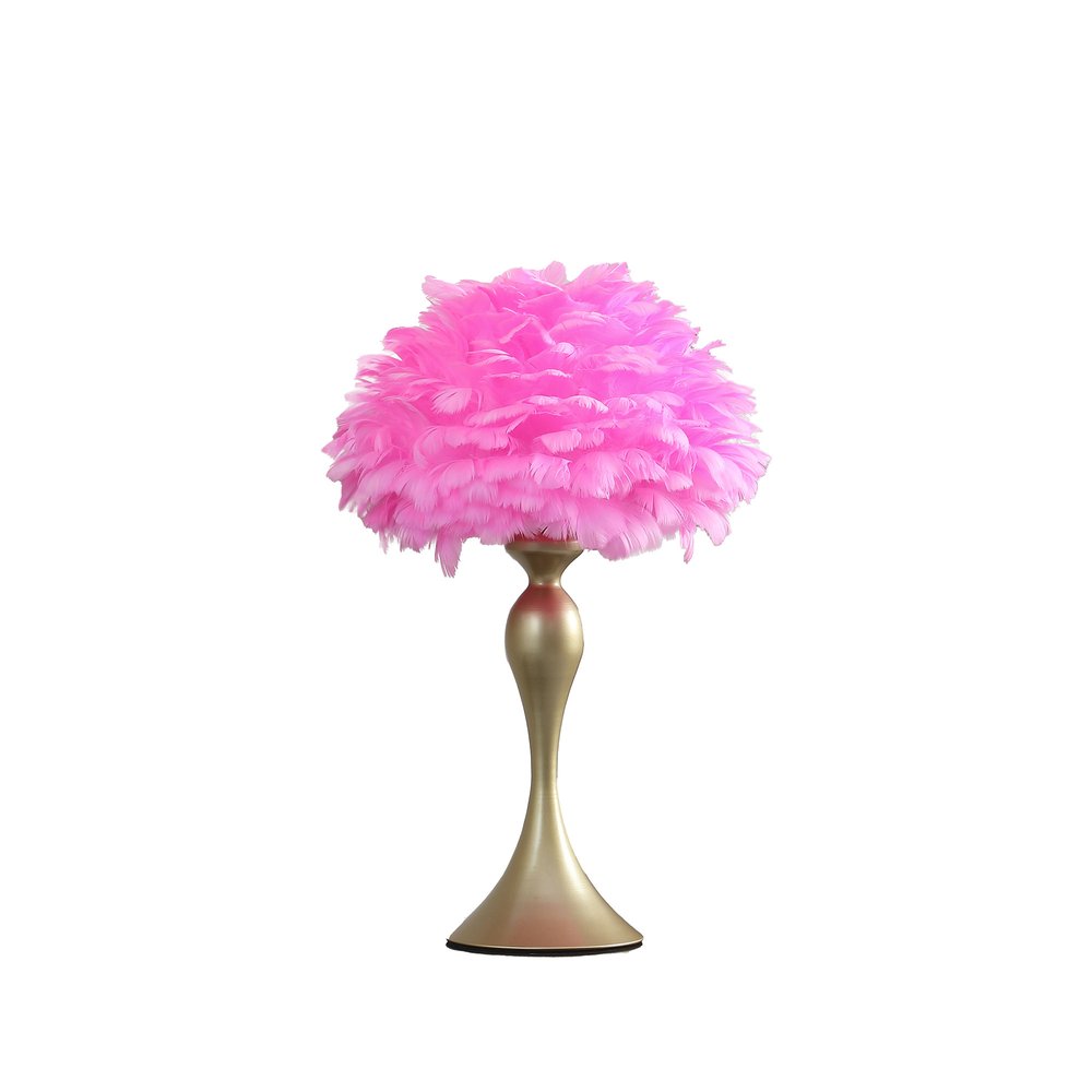 24" Glam Hot Pink Feather and Gold Table Lamp. Table lamp isolated on a plain white background.
