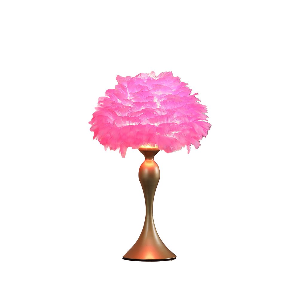 24" Glam Hot Pink Feather and Gold Table Lamp. Table lamp isolated on a plain white background, finished in pink.