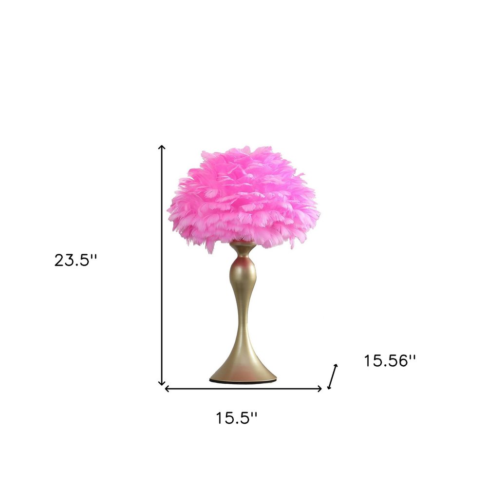 24" Glam Hot Pink Feather and Gold Table Lamp. Table lamp isolated on a plain white background.