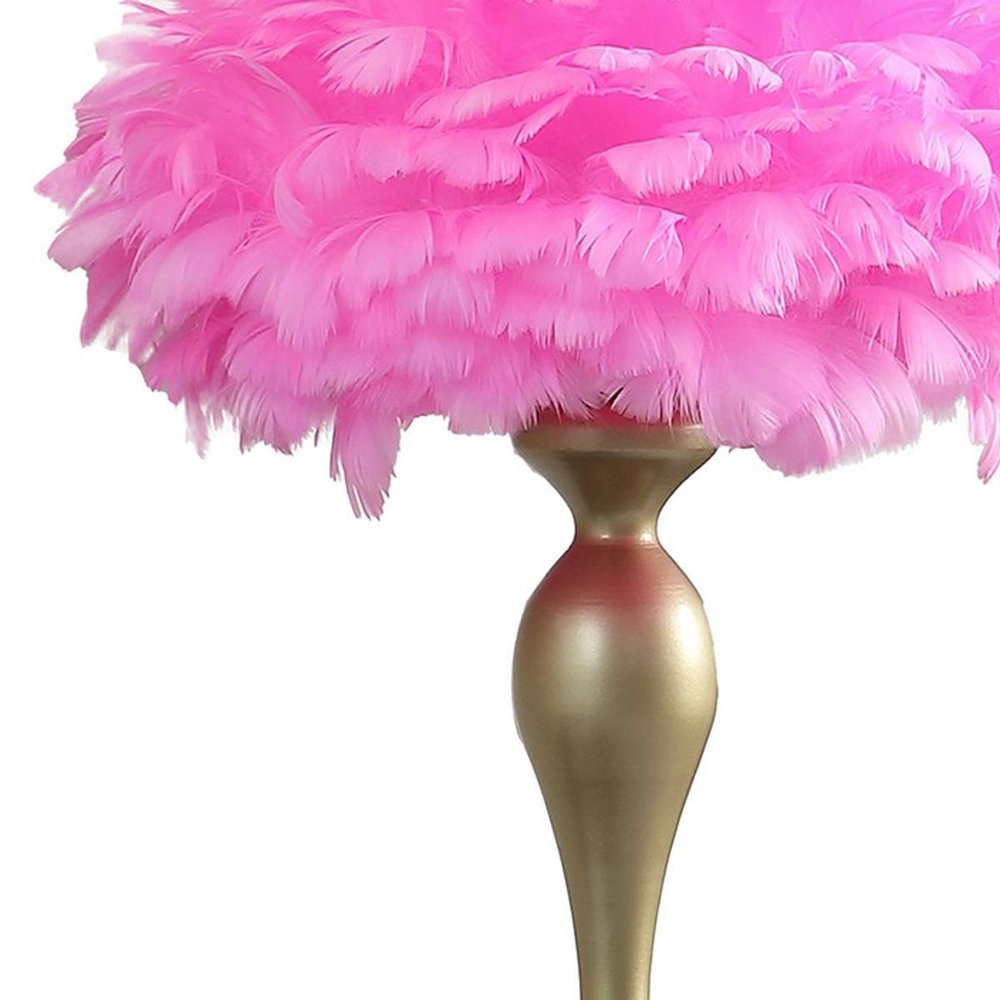 24" Glam Hot Pink Feather and Gold Table Lamp. Table lamp isolated on a plain white background.