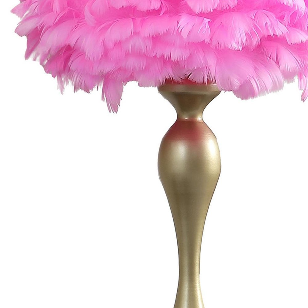 24" Glam Hot Pink Feather and Gold Table Lamp. Table lamp isolated on a plain white background.