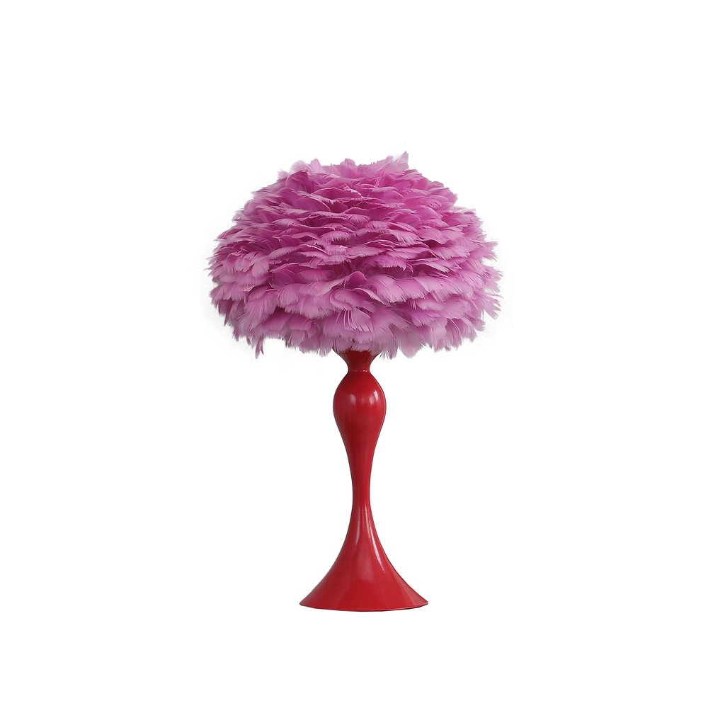 24" Glam Hot Pink Feather and Red Table Lamp. Table lamp isolated on a plain white background, in a red finish.