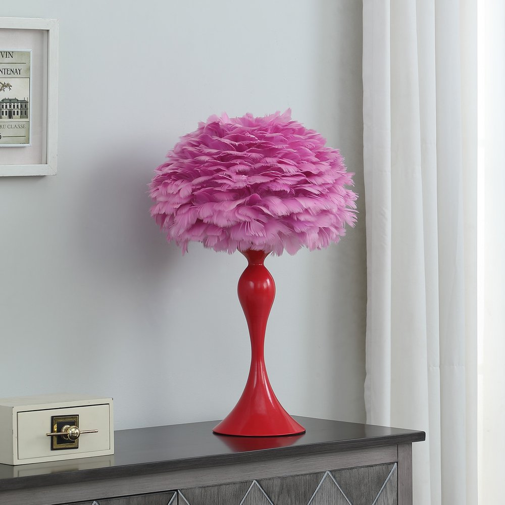 24" Glam Hot Pink Feather and Red Table Lamp.