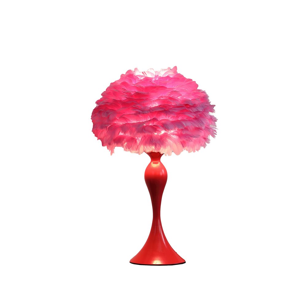 24" Glam Hot Pink Feather and Red Table Lamp. Table lamp isolated on a plain white background, showing its pink color.