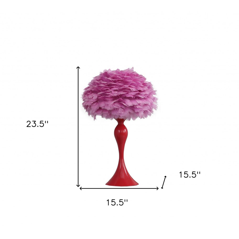 24" Glam Hot Pink Feather and Red Table Lamp. Table lamp isolated on a plain white background, finished in red.
