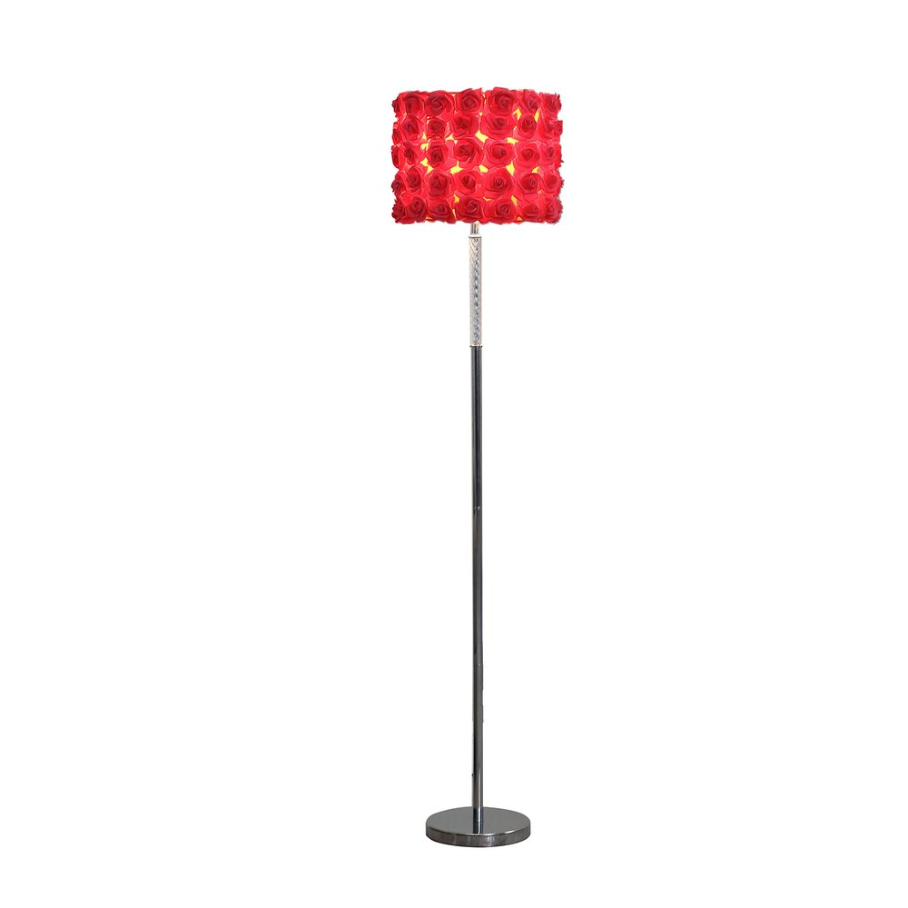 63" Steel and Acrylic Floor Lamp With Red Flowers Fabric Drum Shade. Floor lamp isolated on a plain white background, showing a silver metal surface.