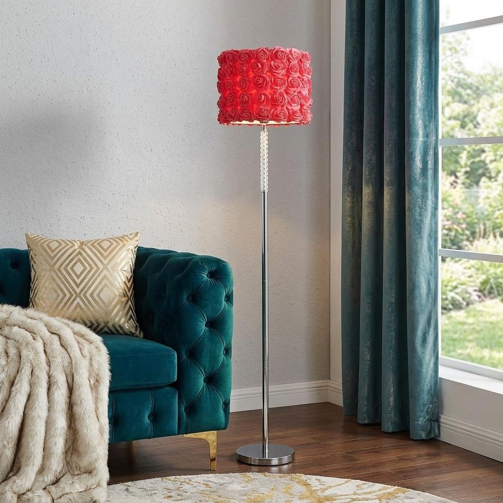 63" Steel and Acrylic Floor Lamp With Red Flowers Fabric Drum Shade