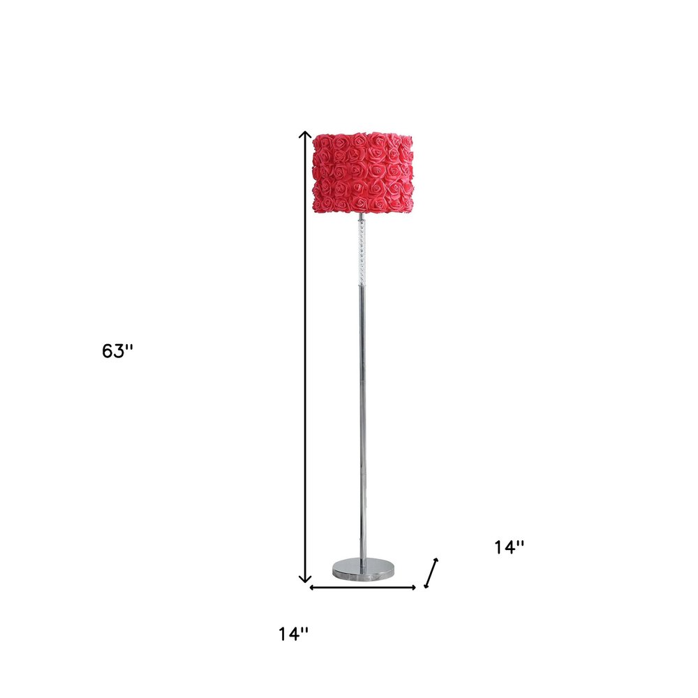 63" Steel and Acrylic Floor Lamp With Red Flowers Fabric Drum Shade. Floor lamp isolated on a plain white background, in a silver metal finish.